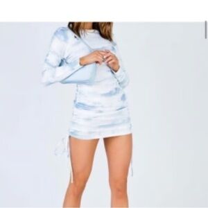 Lioness Military Minded Light Blue White Tie-Dye Long Sleeve Mini Dress XS S